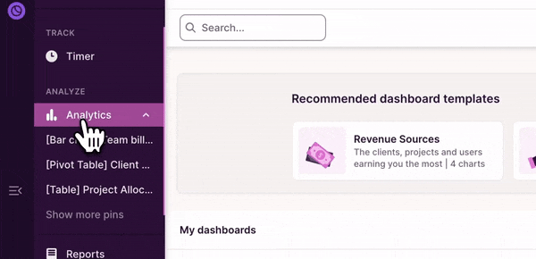 Gif of accessing a template called "Analytics Templates"