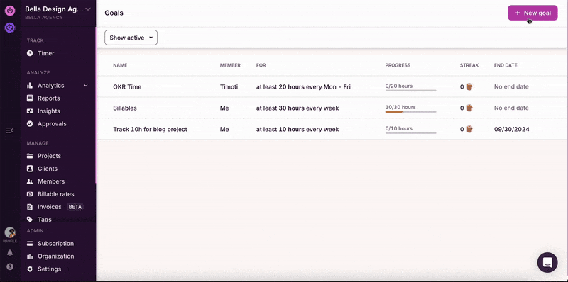 Creating a goal to track billable hours weekly for a team member