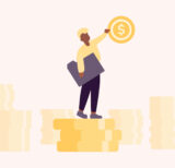 Cartoon man standing on coins and reaching for a dollar sign