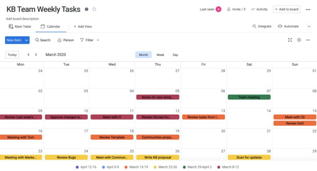 Monday.com's calendar view