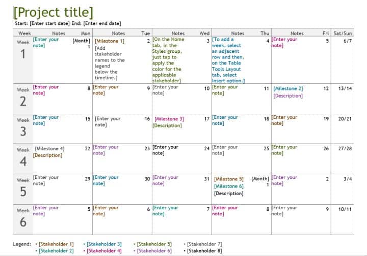 Simple Project Calendar For MS Word