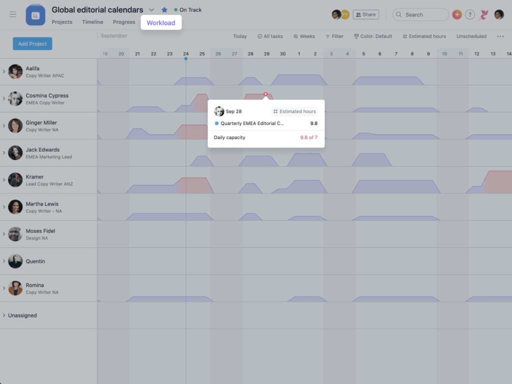 Asana workload management features