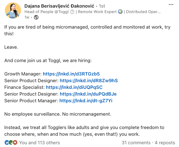 Dajana LinkedIn post