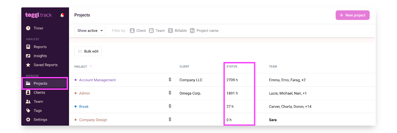 Screenshot of Toggl Track.