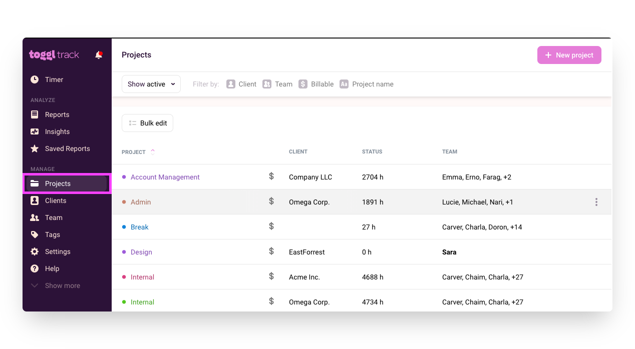 Screenshot of Toggl Track.