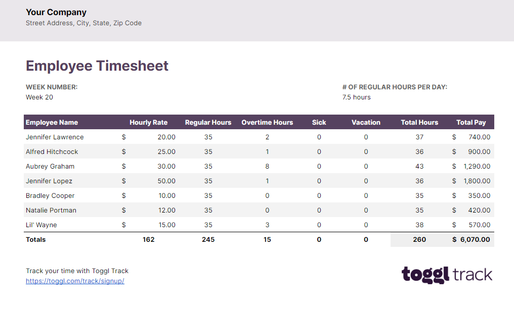 Toggl Track employee timesheet