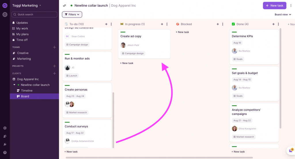 Board View in Toggl Plan.