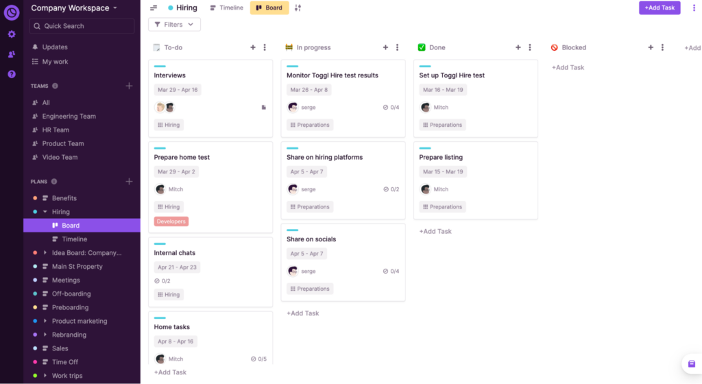 A screenshot of a board in Toggl Plan.