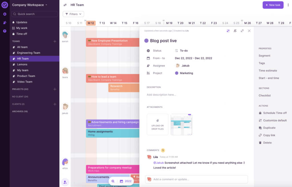 Task comments in Toggl Plan