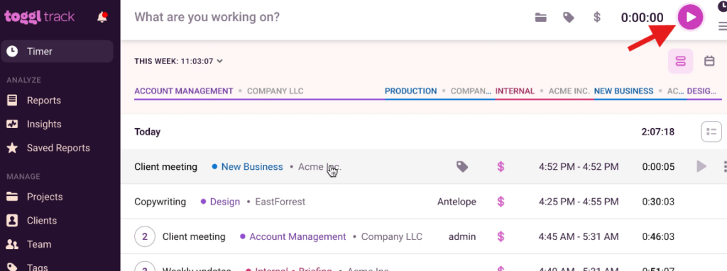 Starting automatic time tracker in Toggl Track