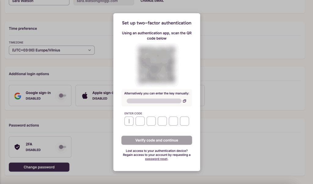 2FA profile settings in Toggl Track