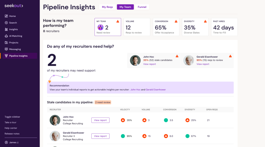 SeekOut diversity hiring dashboard