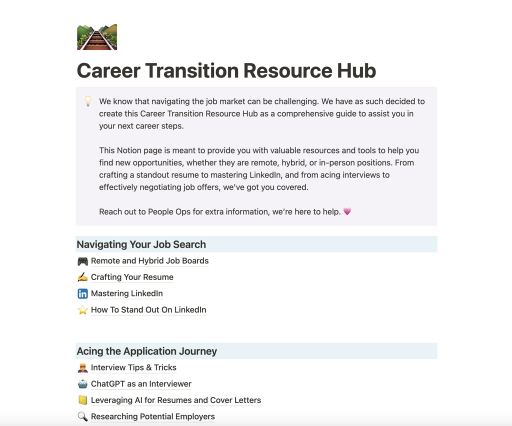 Toggl's Career Transition Resource Hub is full of links to Notion Docs to assist employees in their next career steps