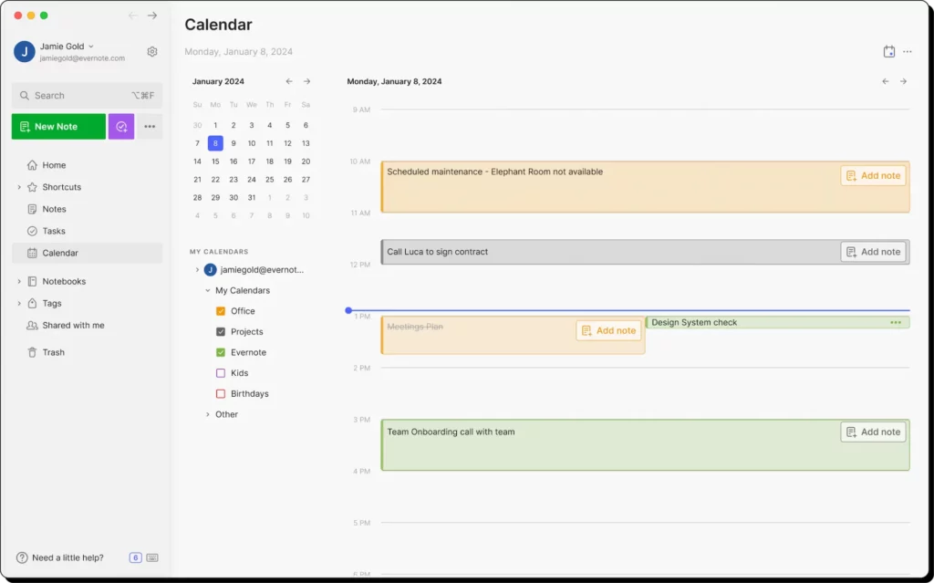 Evernote calendar view